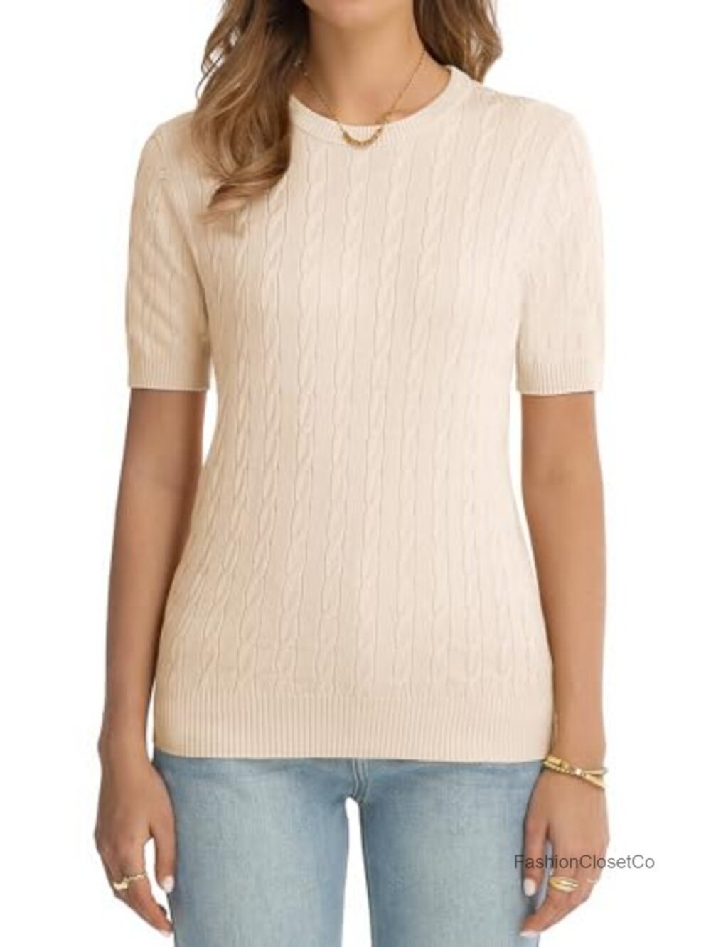 Women's Cable Knit Short Sleeve Crew Neck Sweater Viscose Blend - Picture 2 of 6